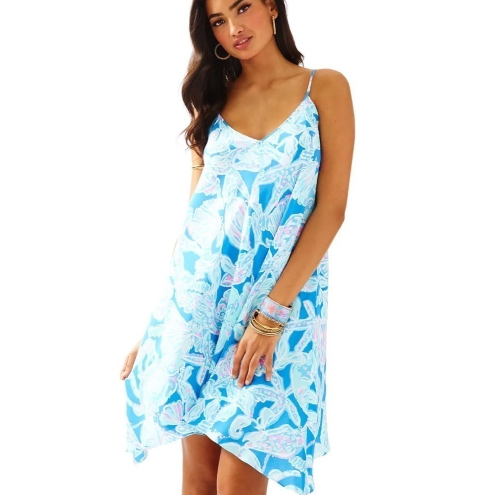 Lilly Pulitzer CLARA 100% Silk DRESS Bay Blue Into The Deep Small